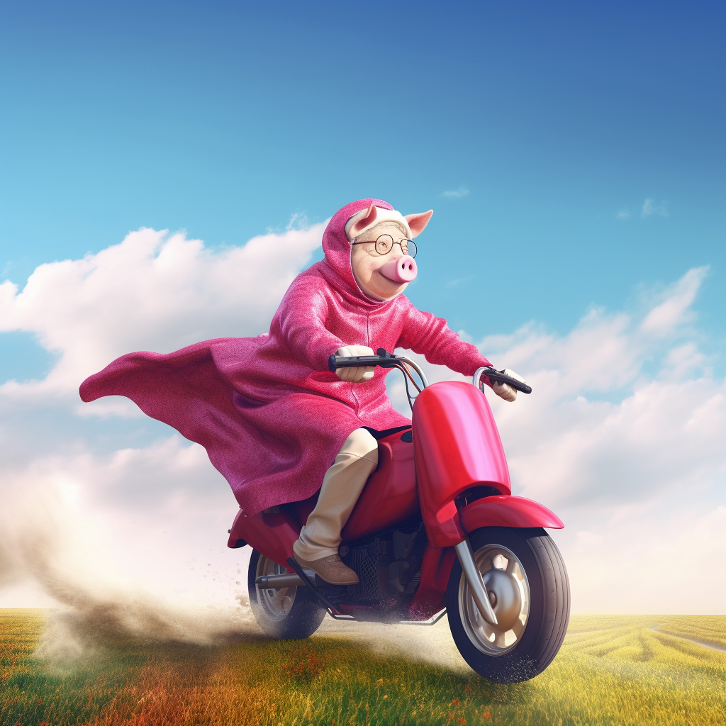 Grandma riding a pig-motorcycle in a pink raincoat