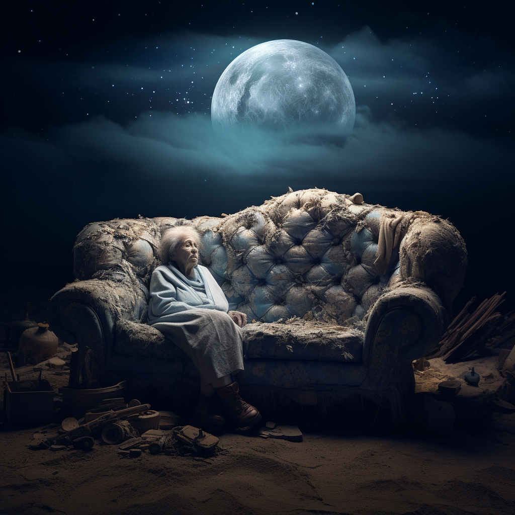 Grandma sitting on sofa under moonlight