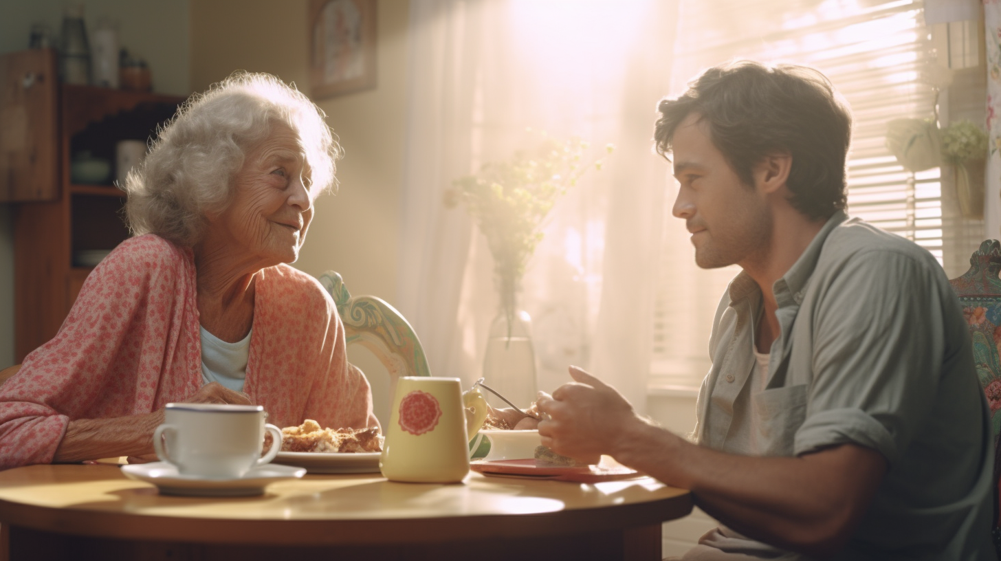 Grandma enjoying breakfast at home (6 words)