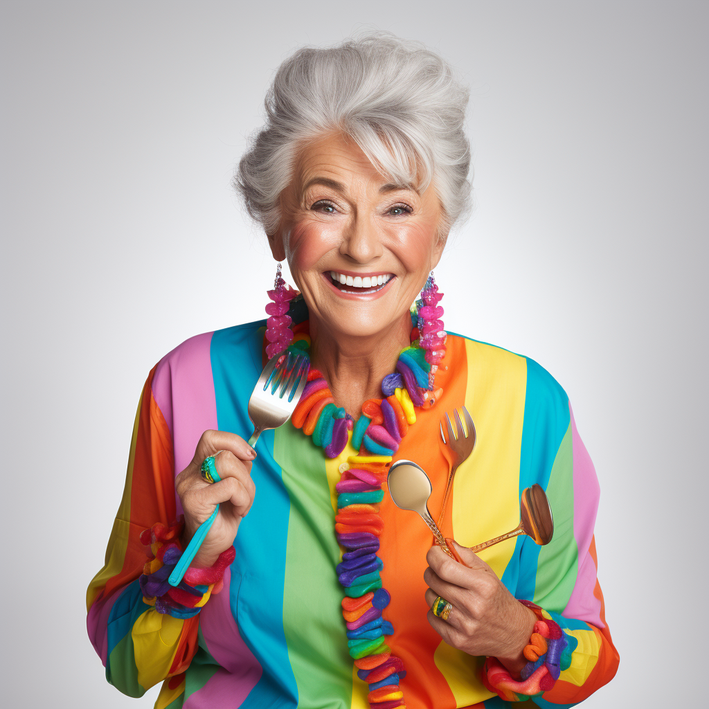 Smiling grandma with fork in colorful suit