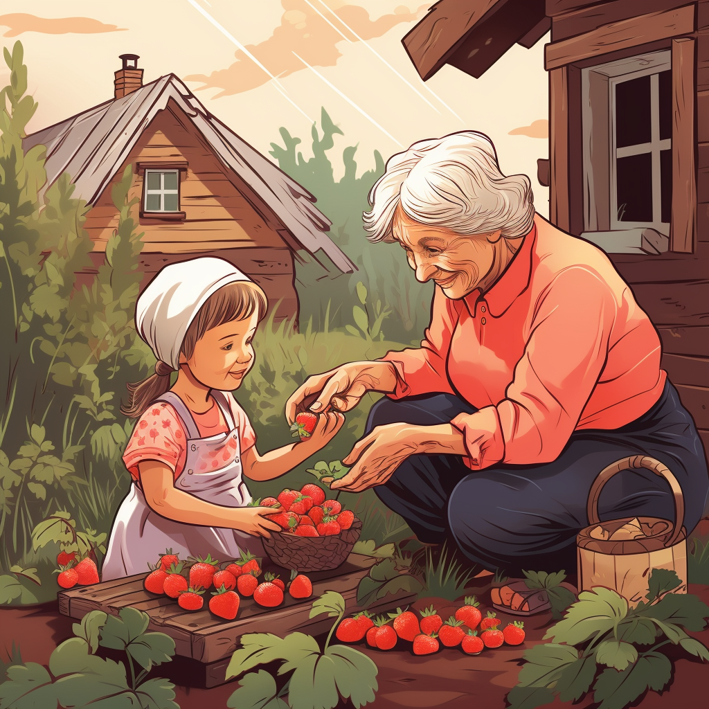 Kind grandmother and granddaughter picking strawberries