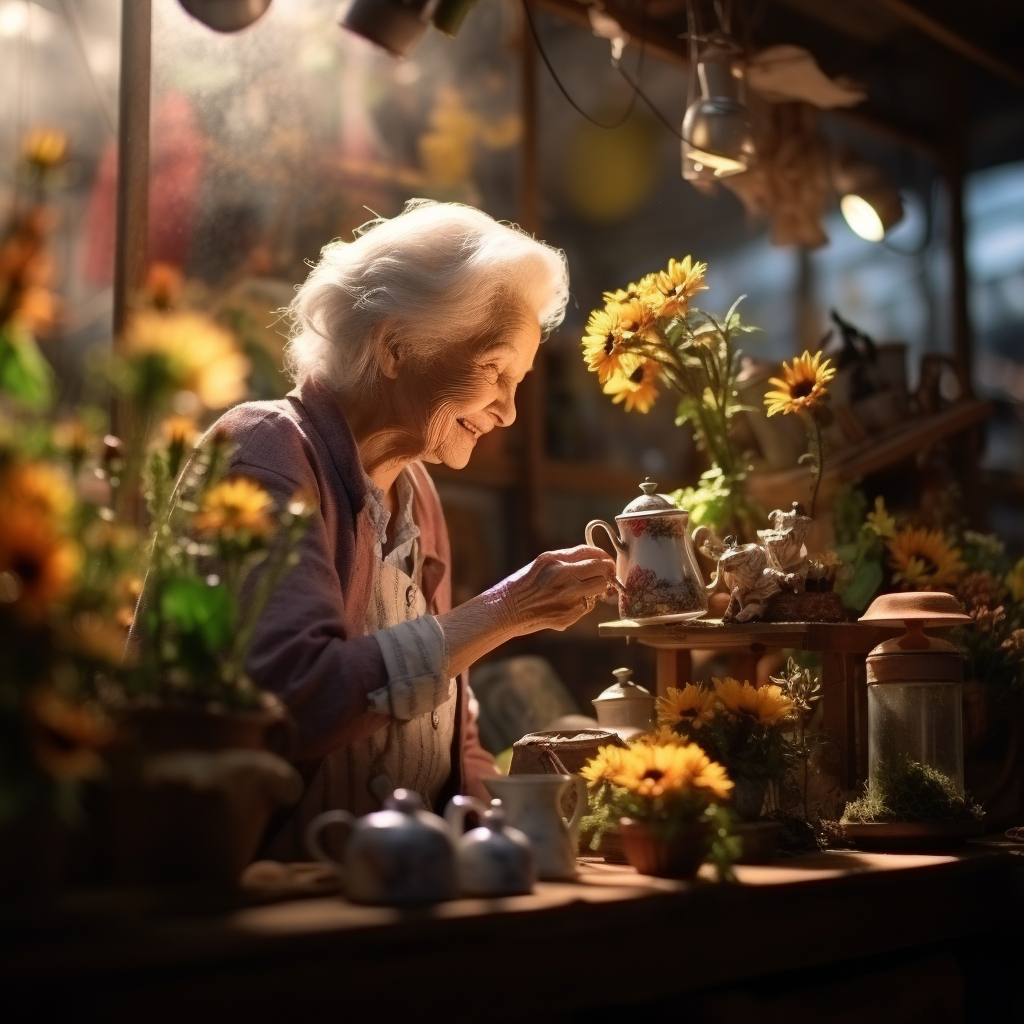 Grandmother laughing in a coffee shop surrounded by flowers