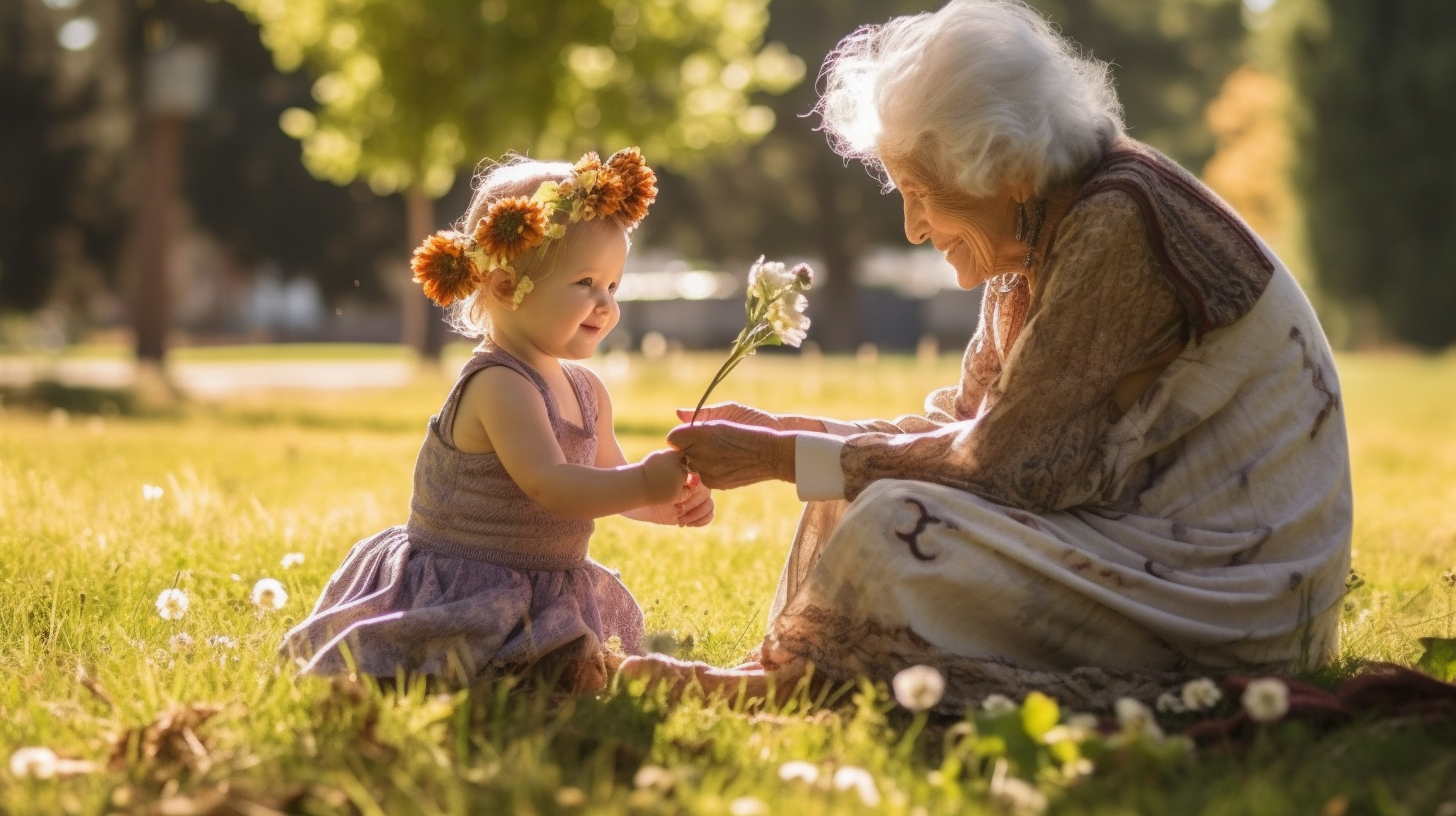 Grandmother with flower headband playing with grandkid