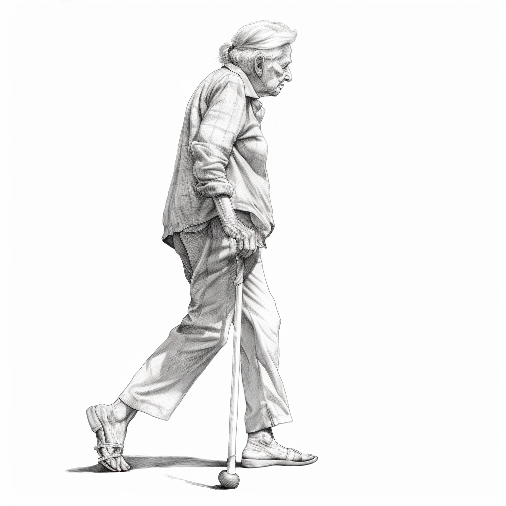 Old grandmother standing on one leg