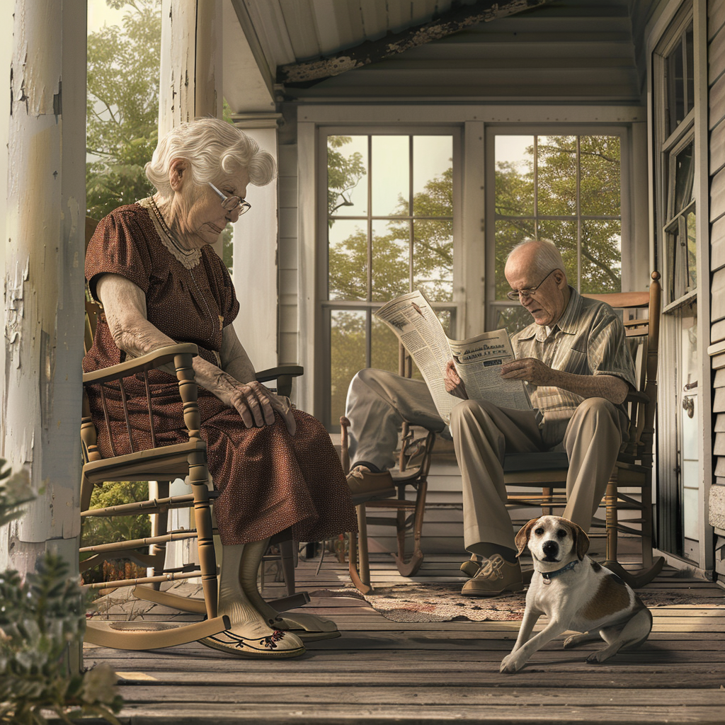 Elderly couple rocking chair sad dog