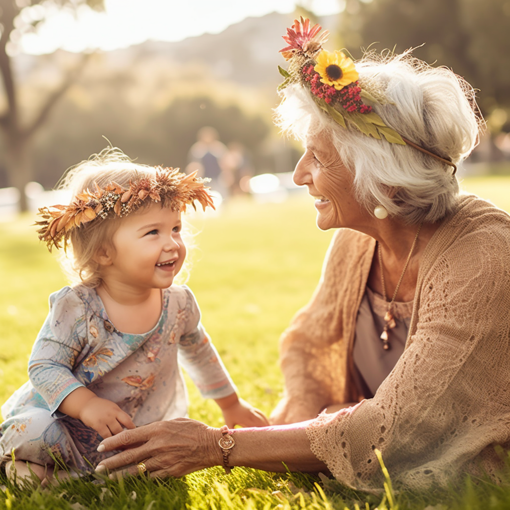 Grandmother with Flower Headband Playing with Grandkid