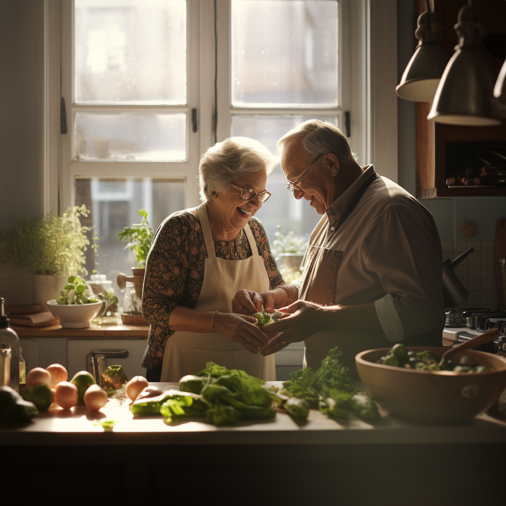 Grandparents cooking in kitchen with natural light