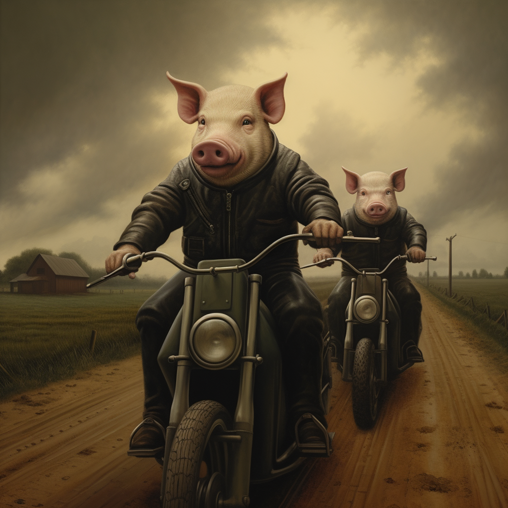 Pigs riding motorbikes through stormy weather