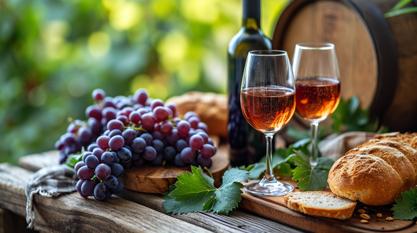 Grapes, Bottle, Glasses, Bread on Terrace