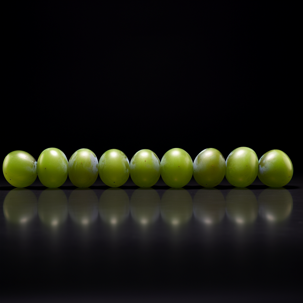 Eleven grapes and a green olive on a black table