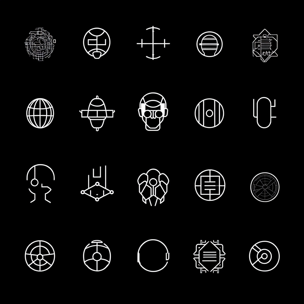 Graphic white icons on black background