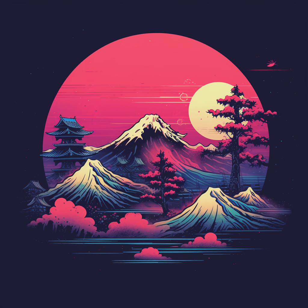 Stylish graphic tshirt design with Japanese retrowave theme