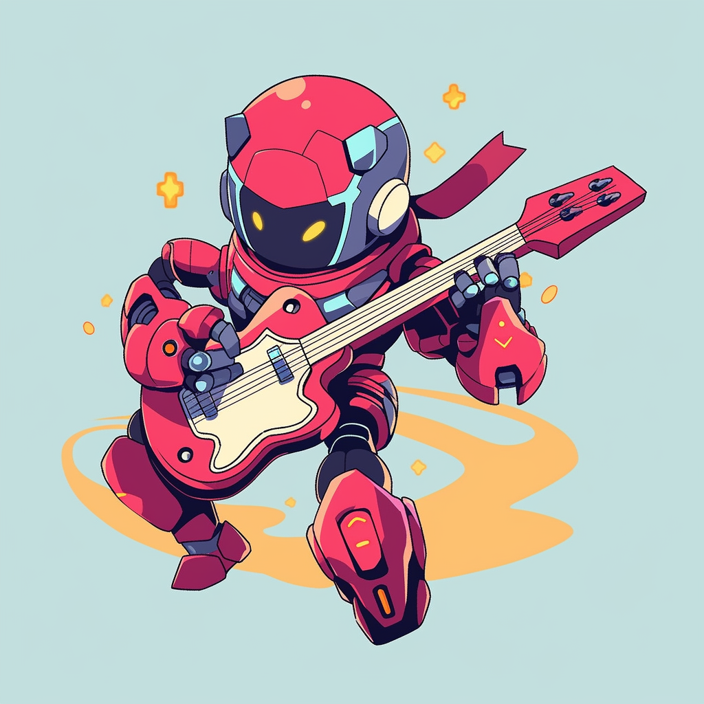 Colorful robot playing guitar on t-shirt