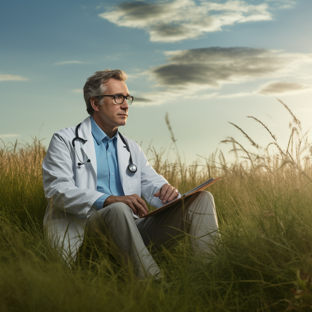 Doctor in grass field watching camera