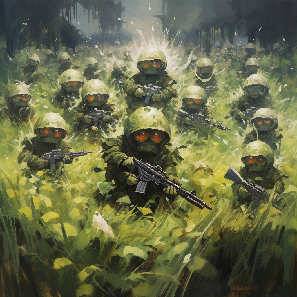 Soldiers in Grass Ghillie Suits aiming sniper scopes