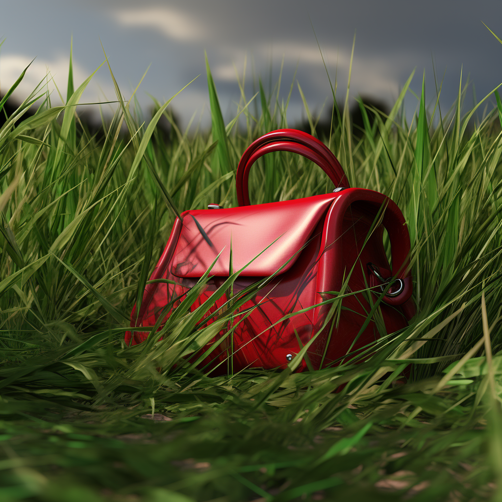 Grass on red bag from an oblique angle