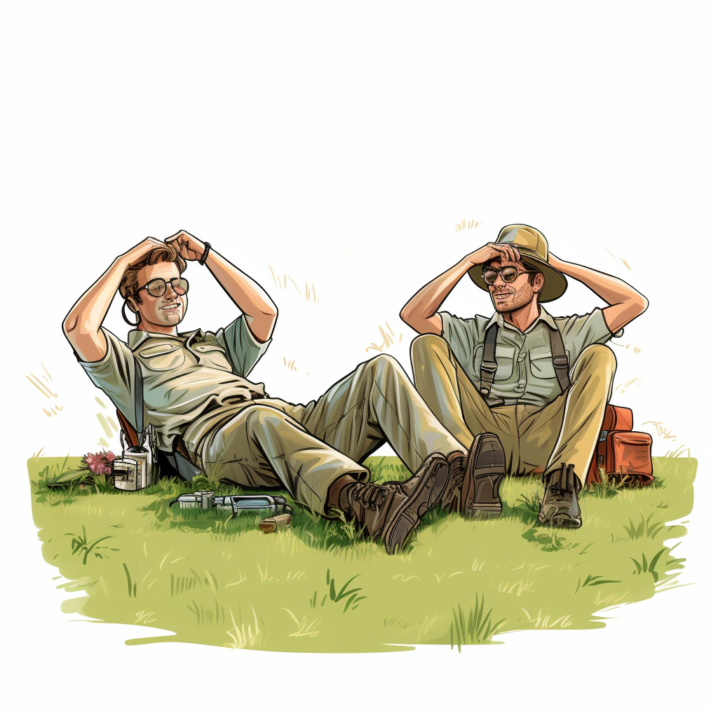 Photovoltaic technicians resting on grass