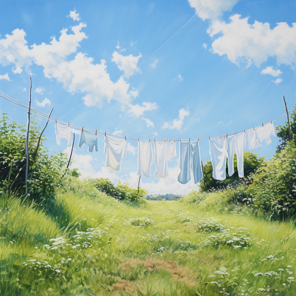 Grassy backyard with clean white sheets under a blue sky and fluffy clouds