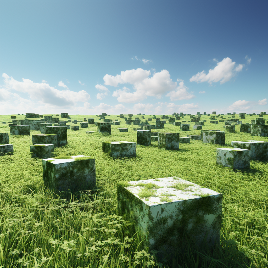 Colorful grassy field with cubic blocks