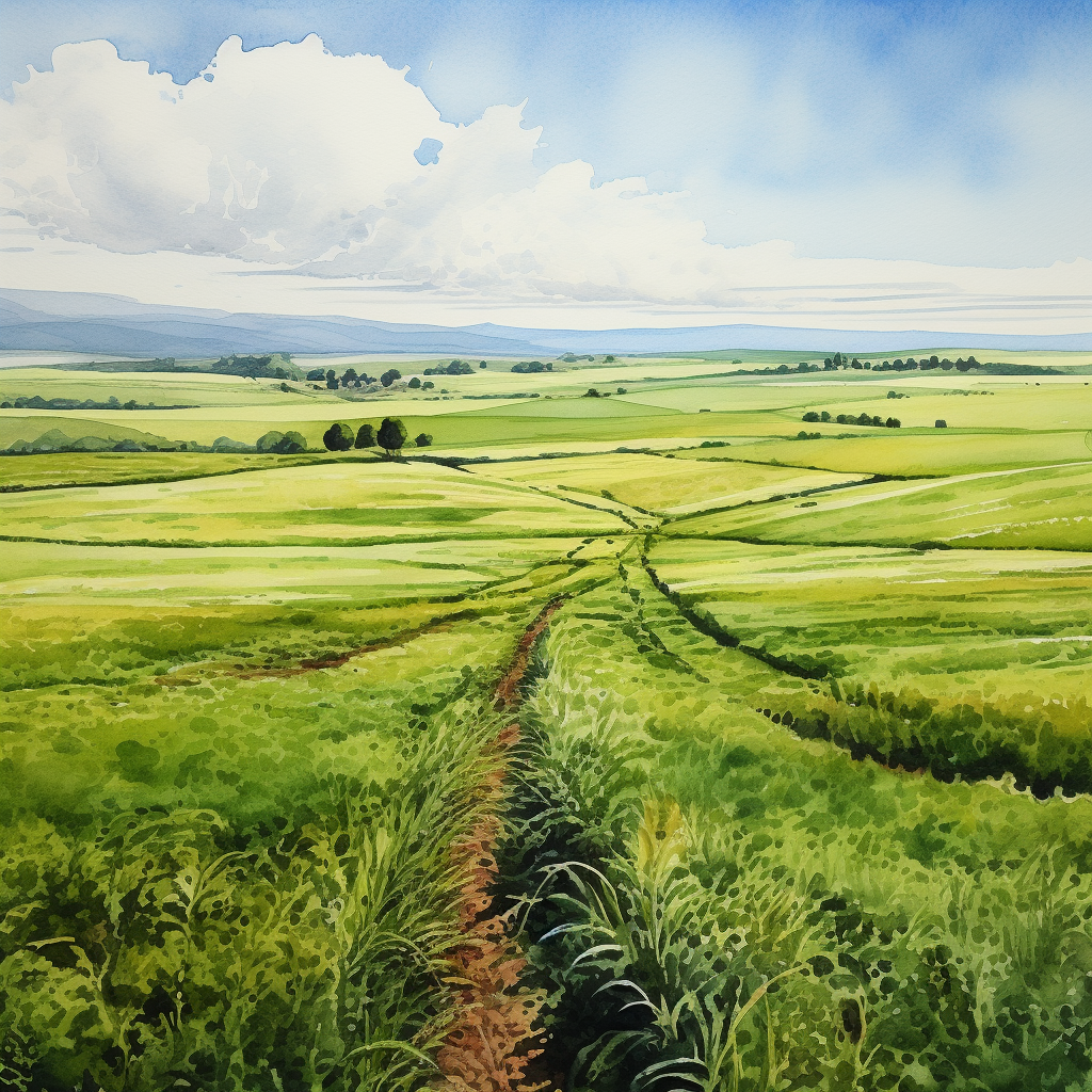 Watercolor of Grassy Fields from Above