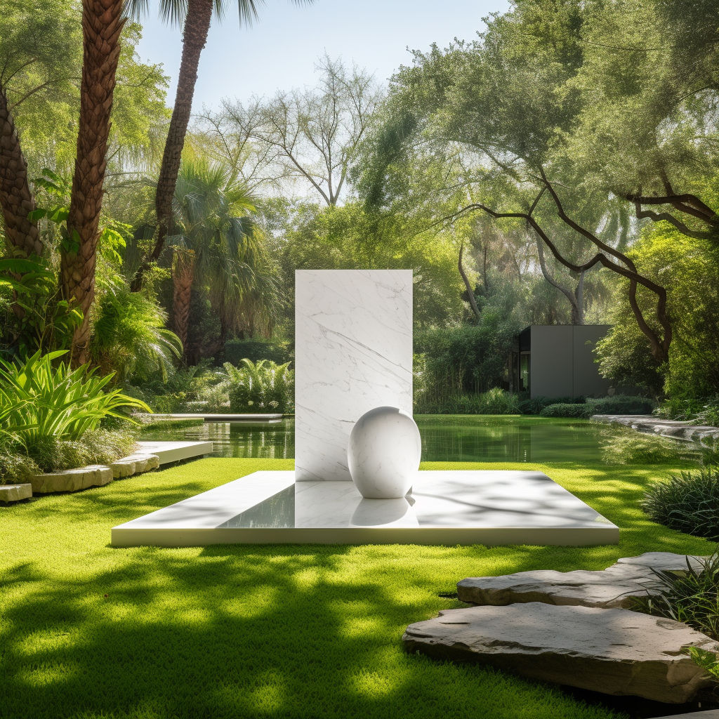 White Marble Sculpture in Grassy Sunny Yard