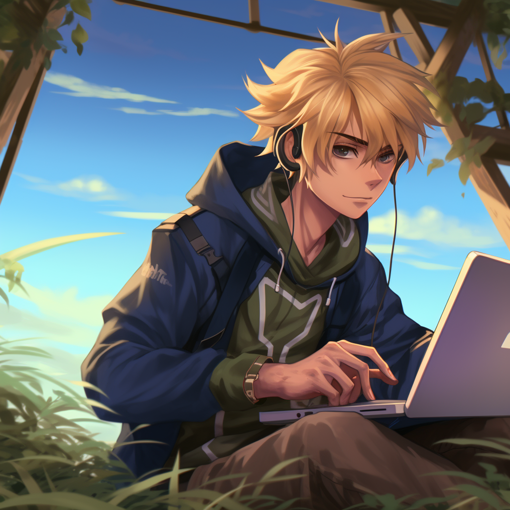 Anime PC gamer in grass