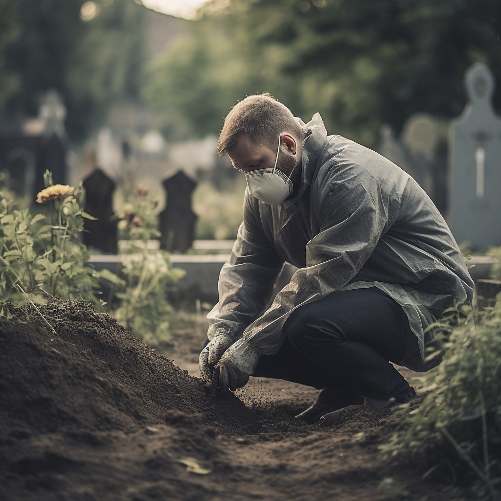 Man kneeling over grave wearing medical face mask