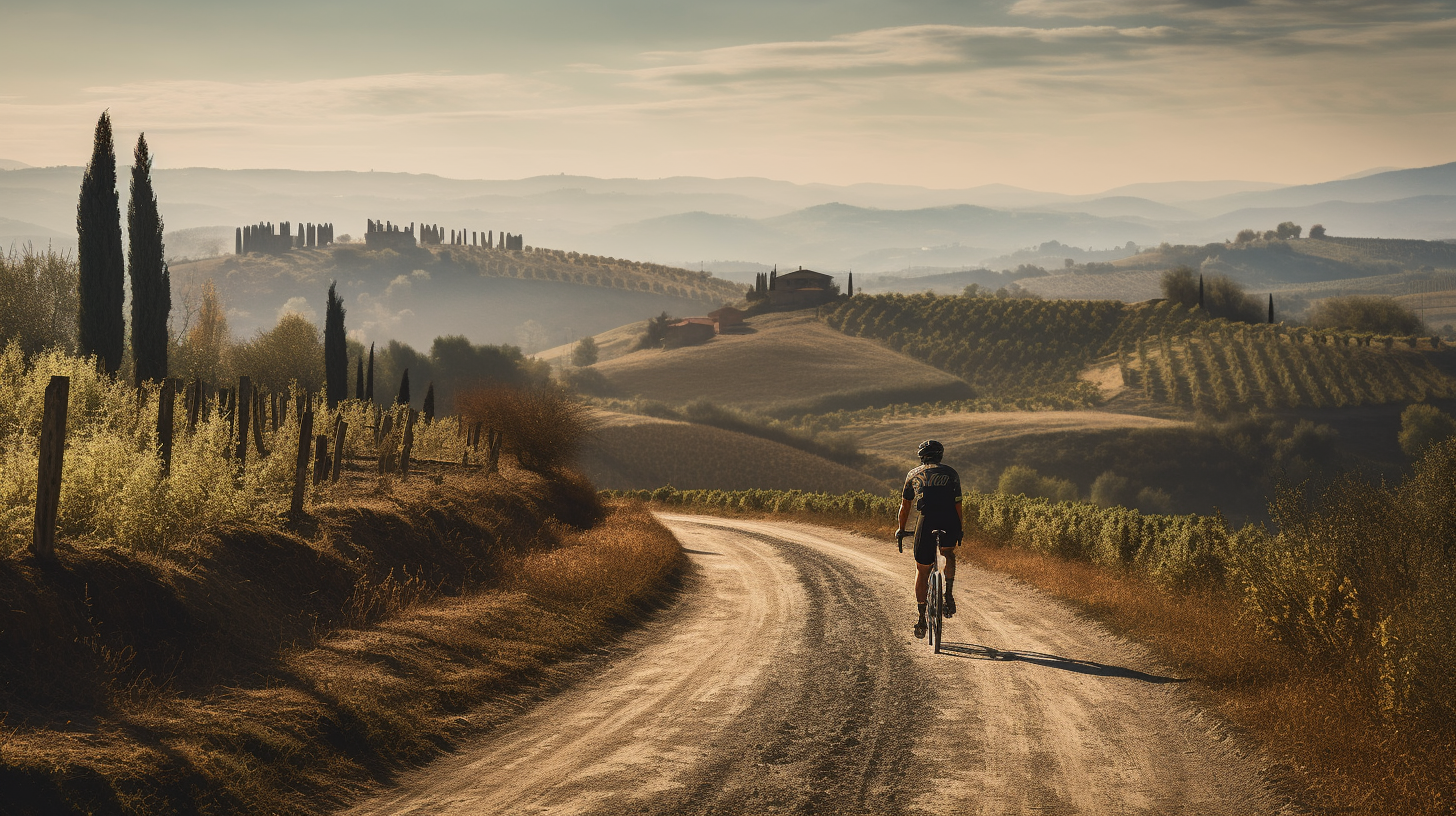 Gravel cyclist in Tuscany, morning mood