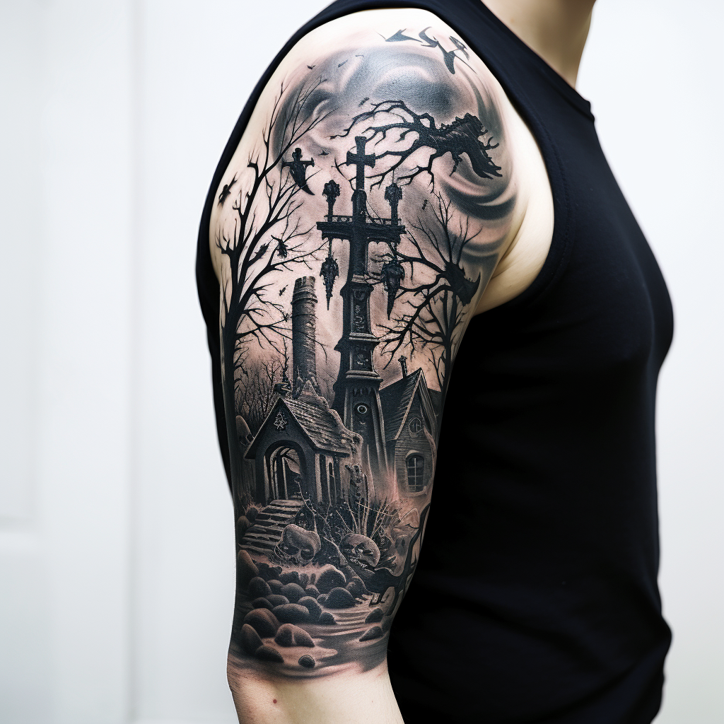 Black and white graveyard tattoo