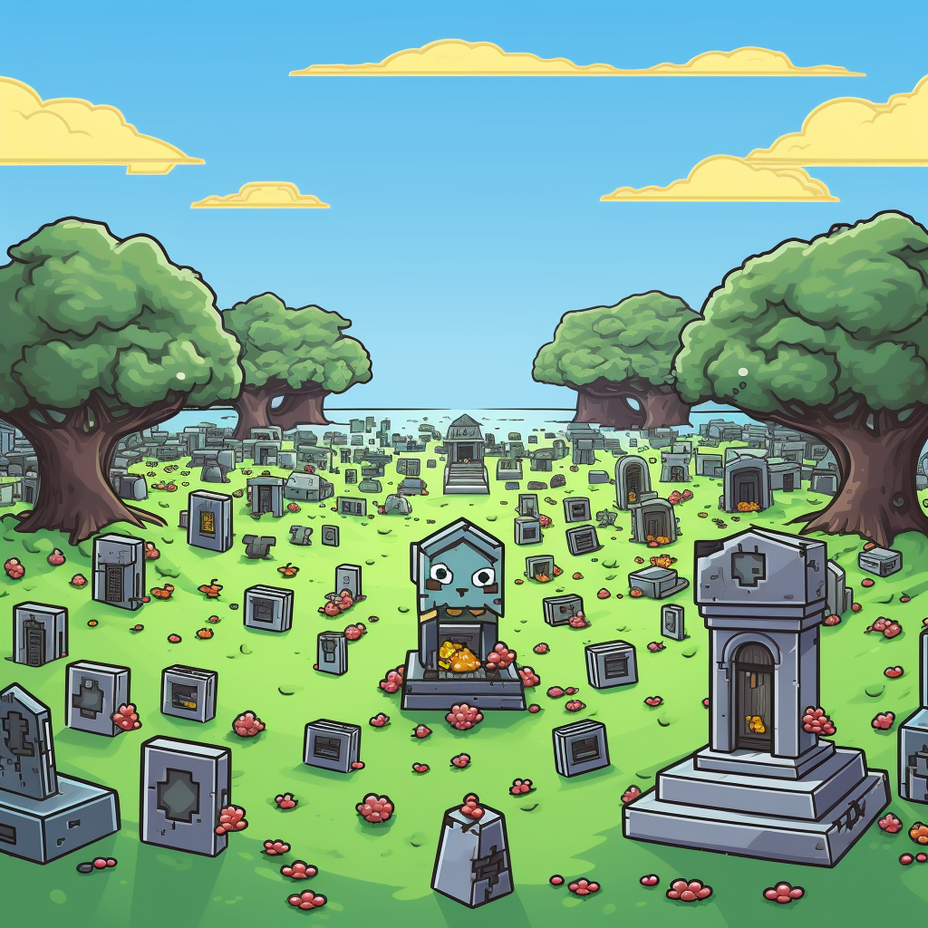 Pixelated Pokemon tombstone sprites in graveyard