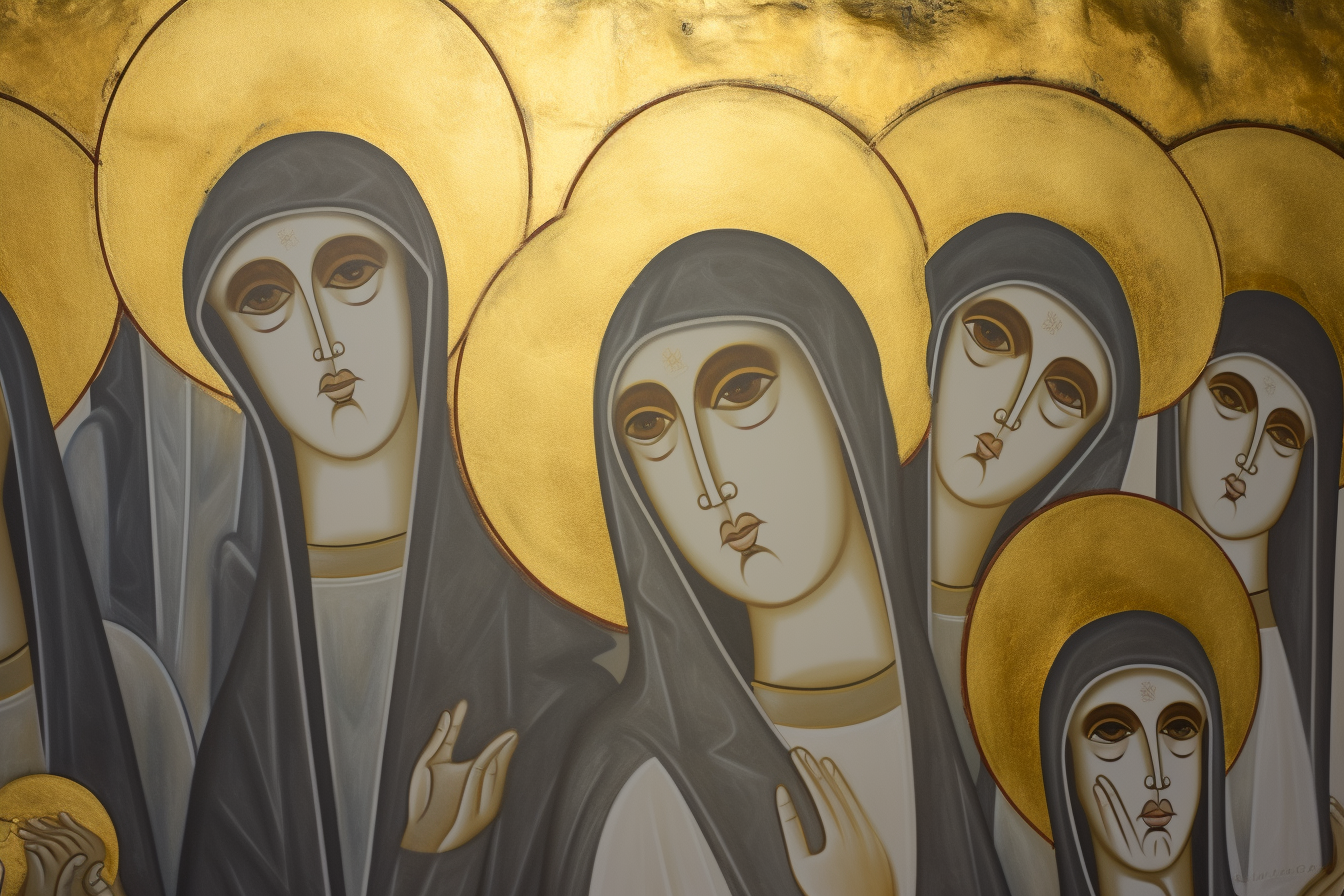 Grey aliens in Byzantine icon with golden background