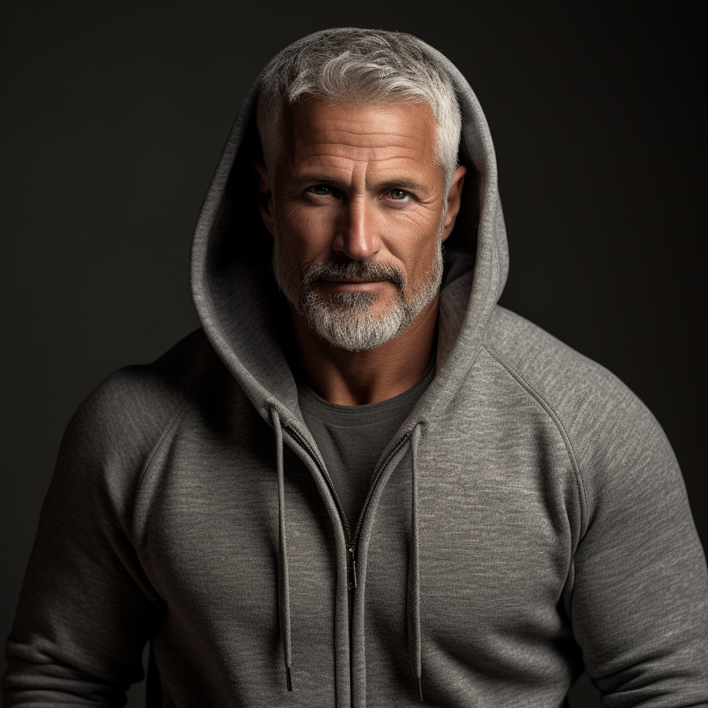 Mature Male Model in Gray Hoodie