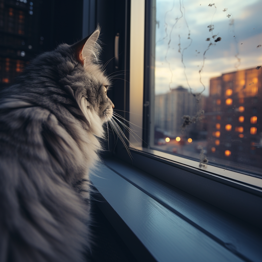 Beautiful gray cat looking out space window