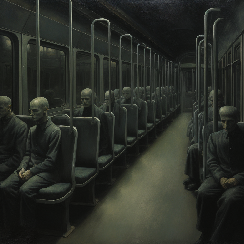 Densely seated gray figures in a midnight tram