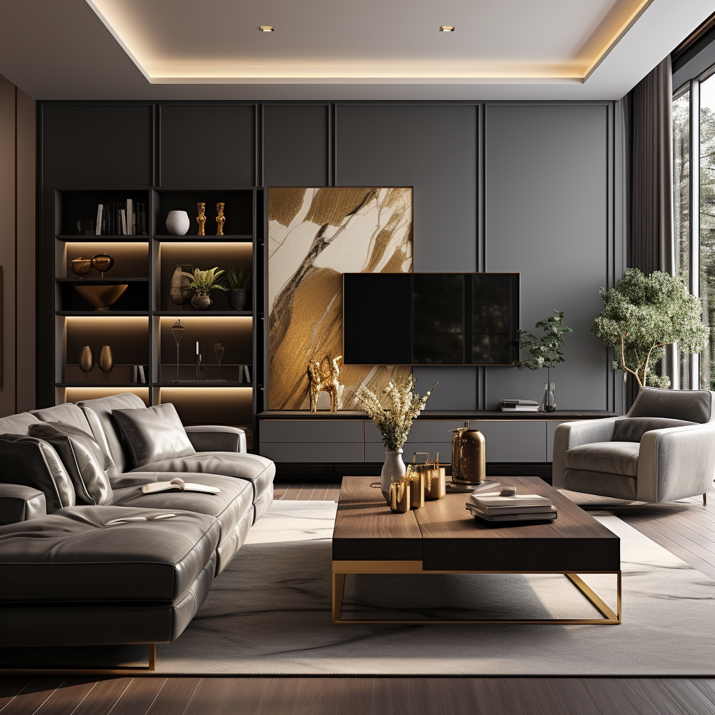 Gray and gold living room with decorations and TV