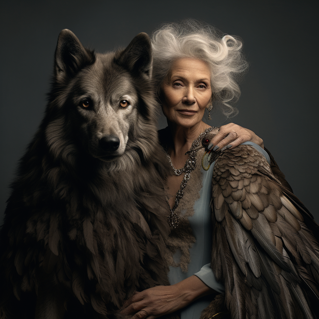 Gray Haired Lady Regal Wolf Wings