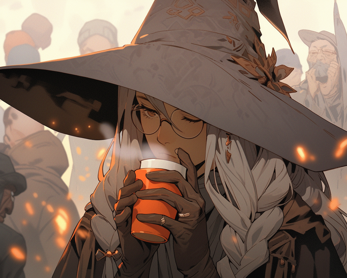 Gray haired witch with glowing ginger tea smoke