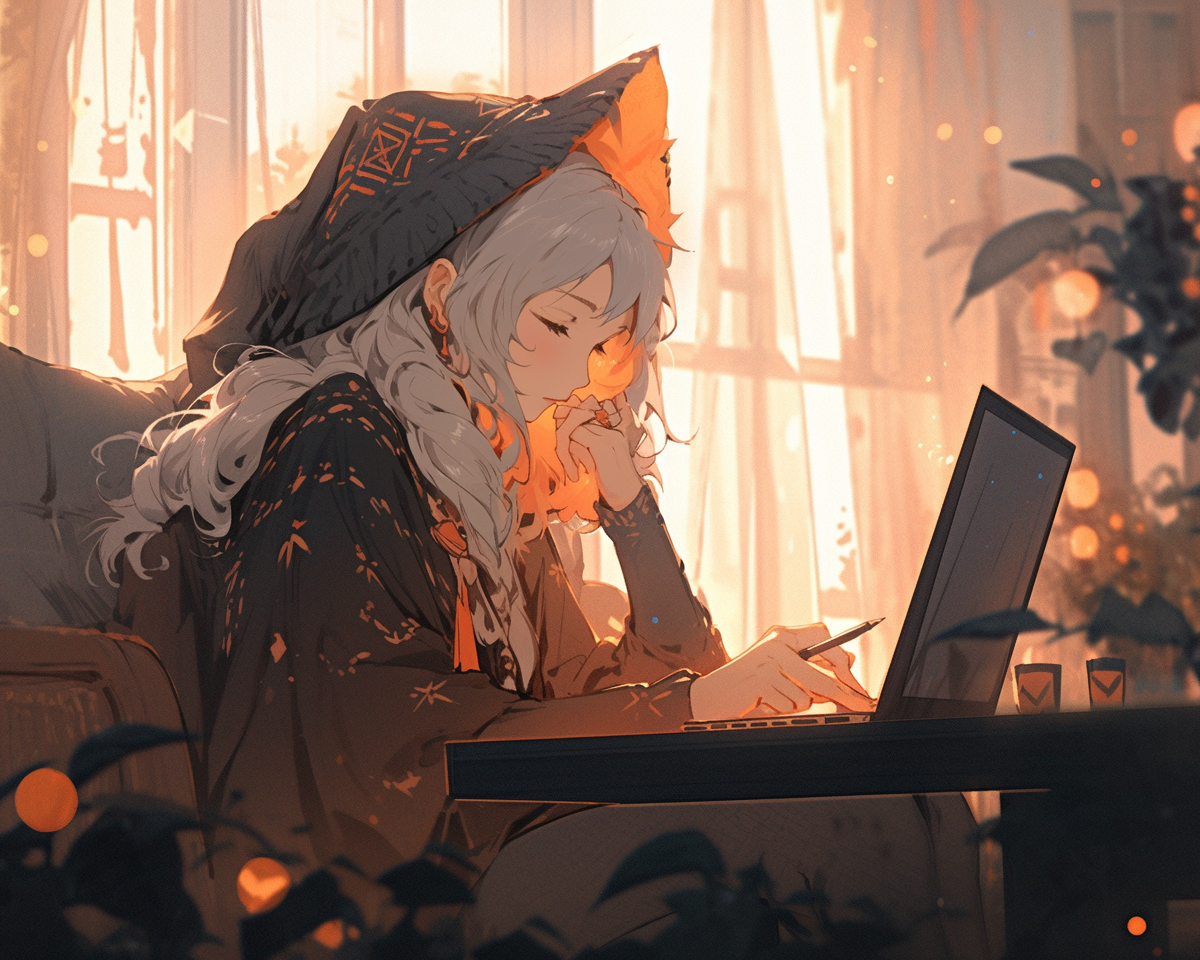 Witch working on laptop in magical living room