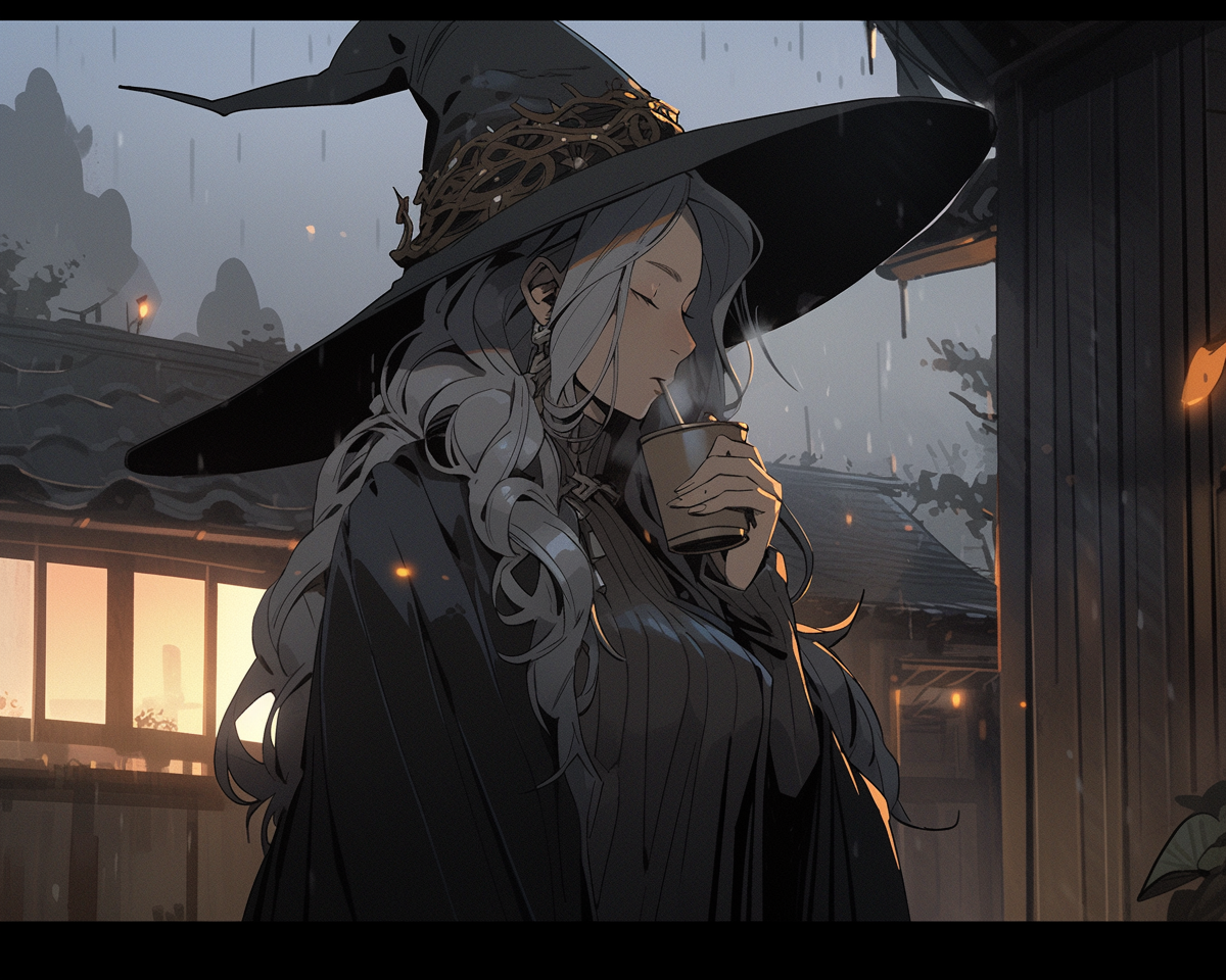 Gray-haired witch with glowing ginger tea