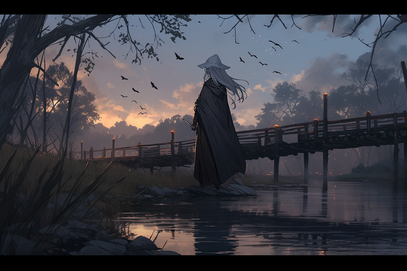 Ghostly gray-haired witch on weathered bridge