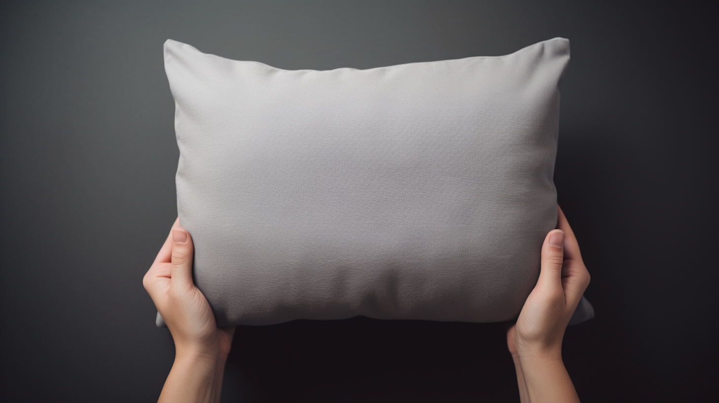 Close-up of hands holding a gray pillow