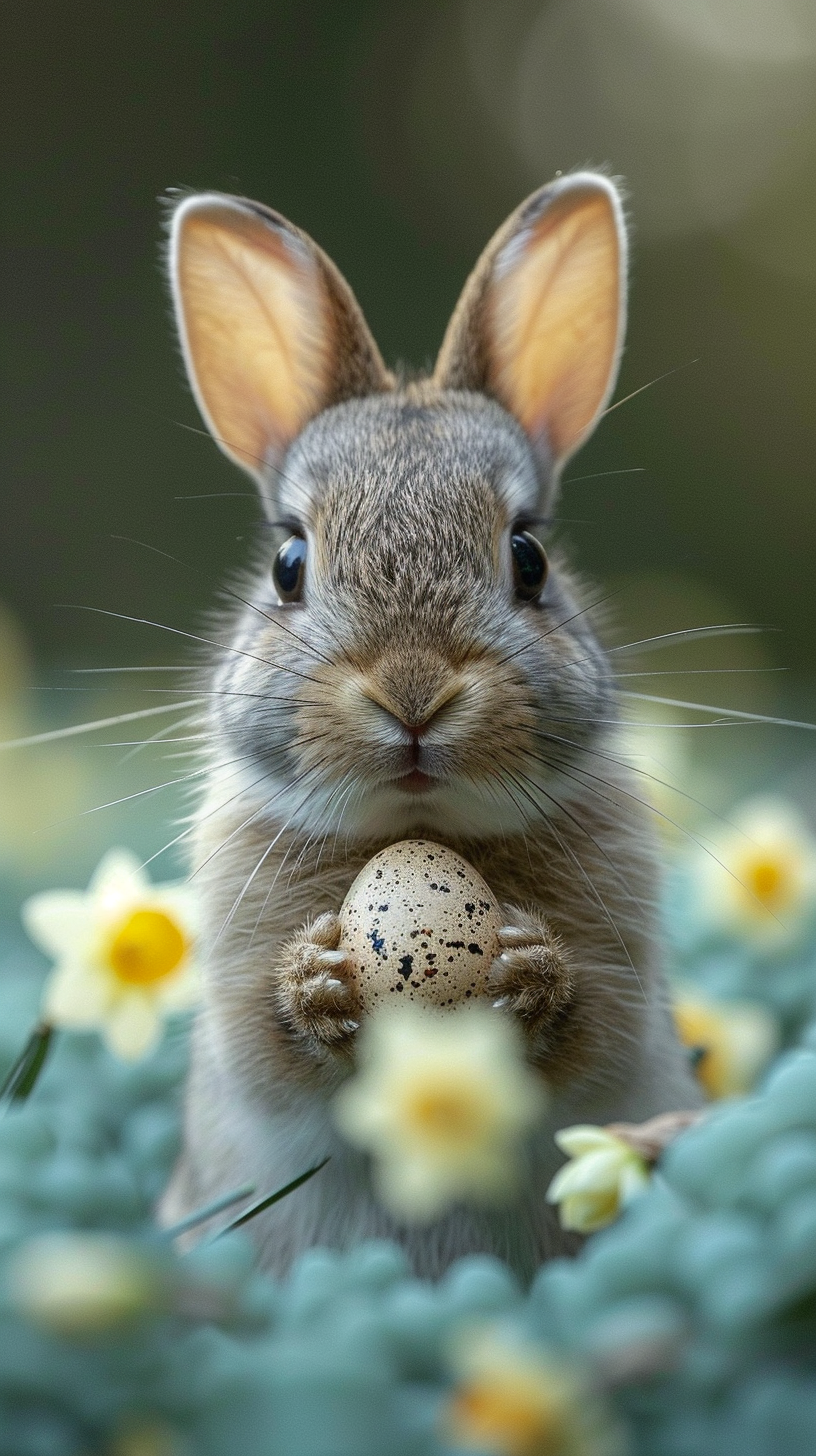 Gray rabbit peeks from Easter eggs and flowers