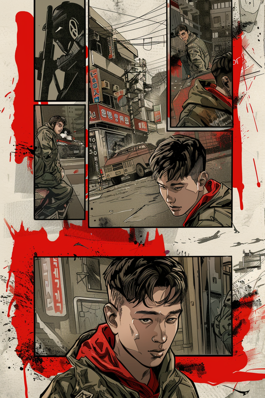 Korean military comic scene in gray and red