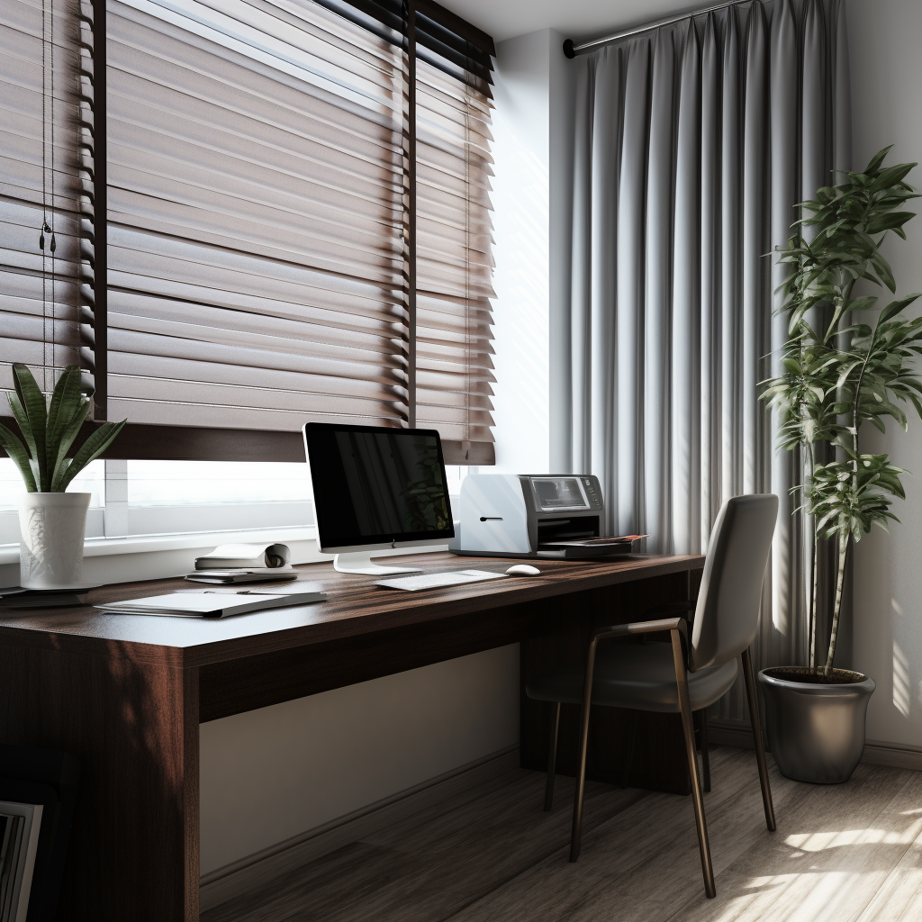 Modern office with dark brown furniture and plants