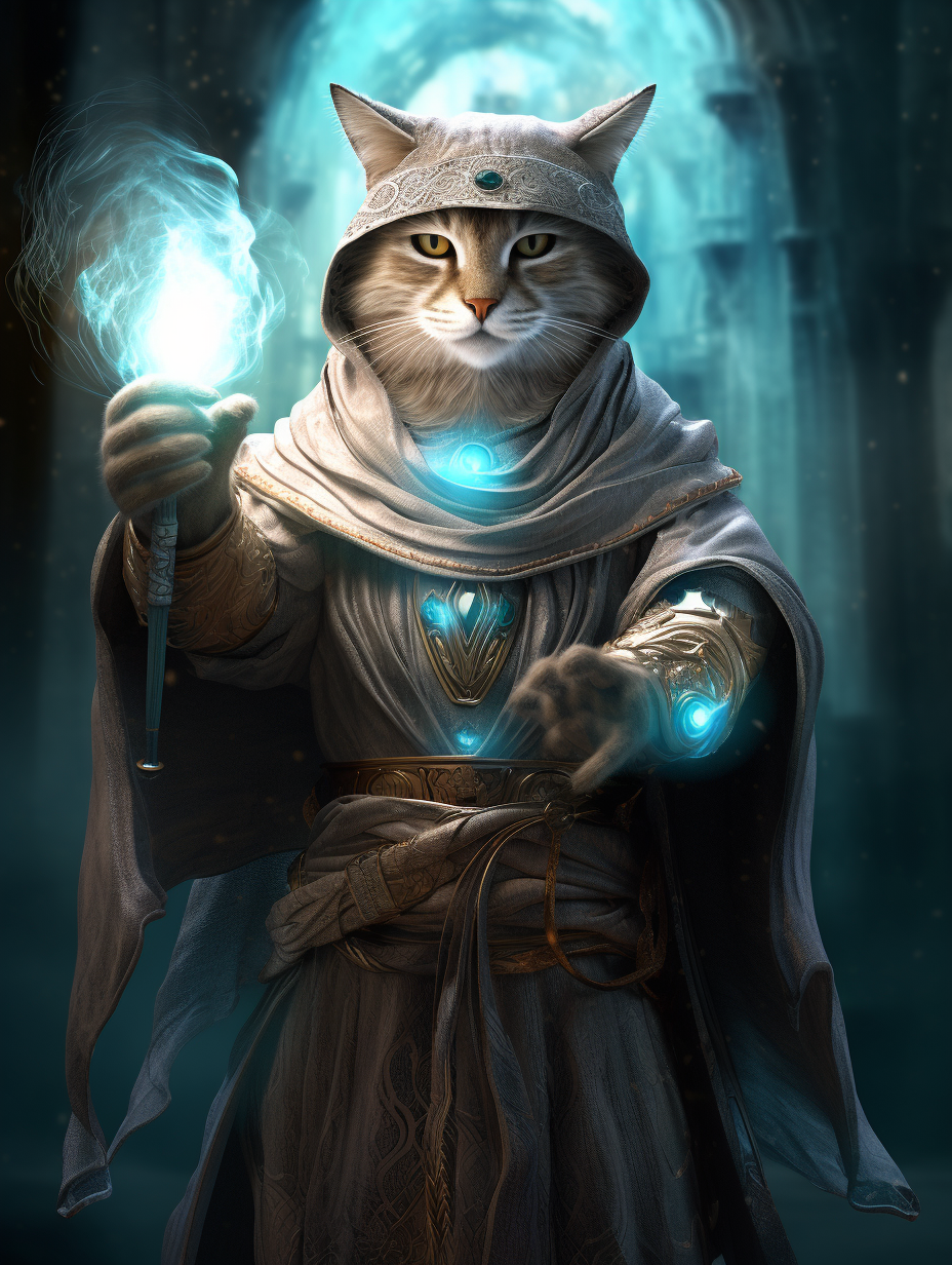 Gray tabby cat mage casting spell