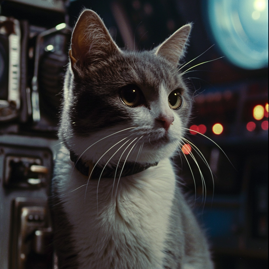 Gray and white cat in 1980s sci-fi film