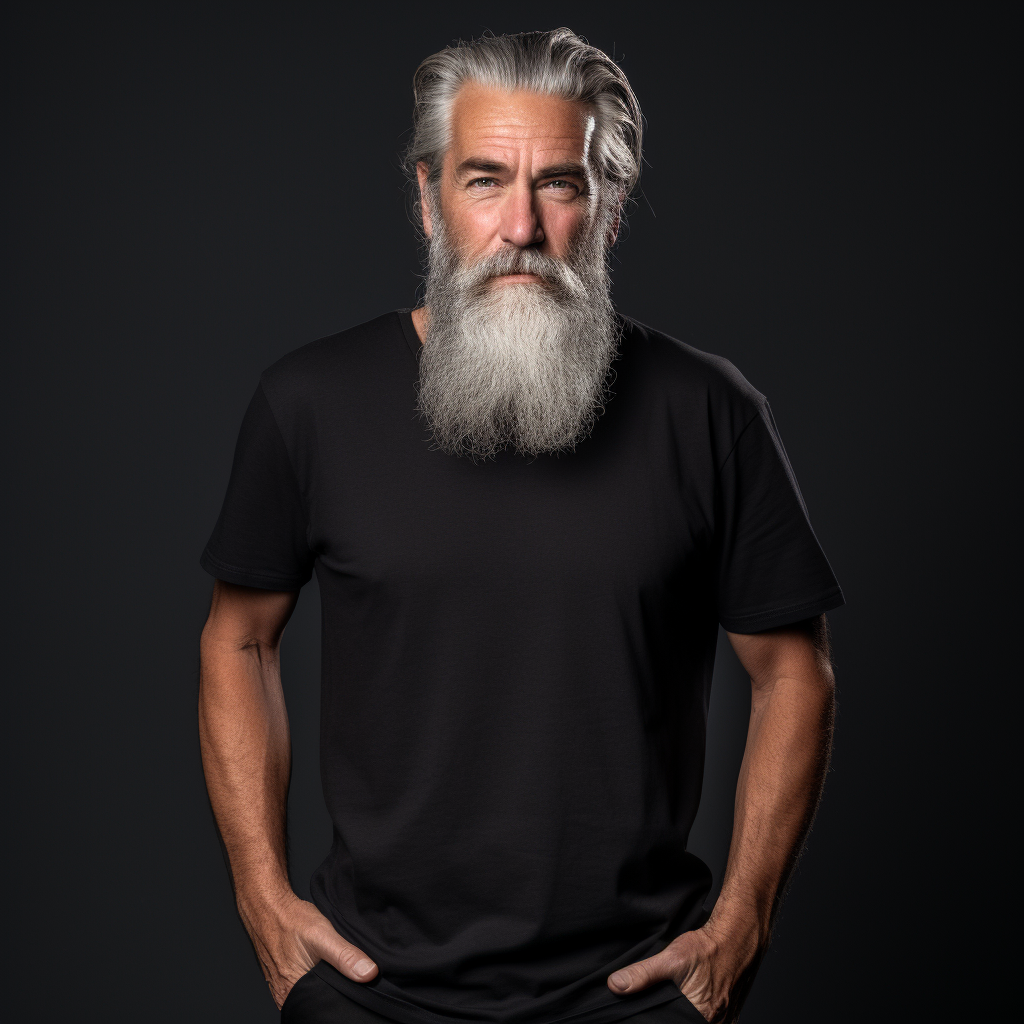 Gray bearded gentleman wearing blank black t-shirt mockup