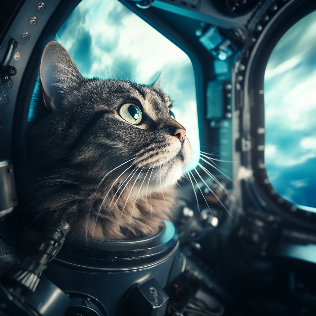 Gray cat in spaceship looking out