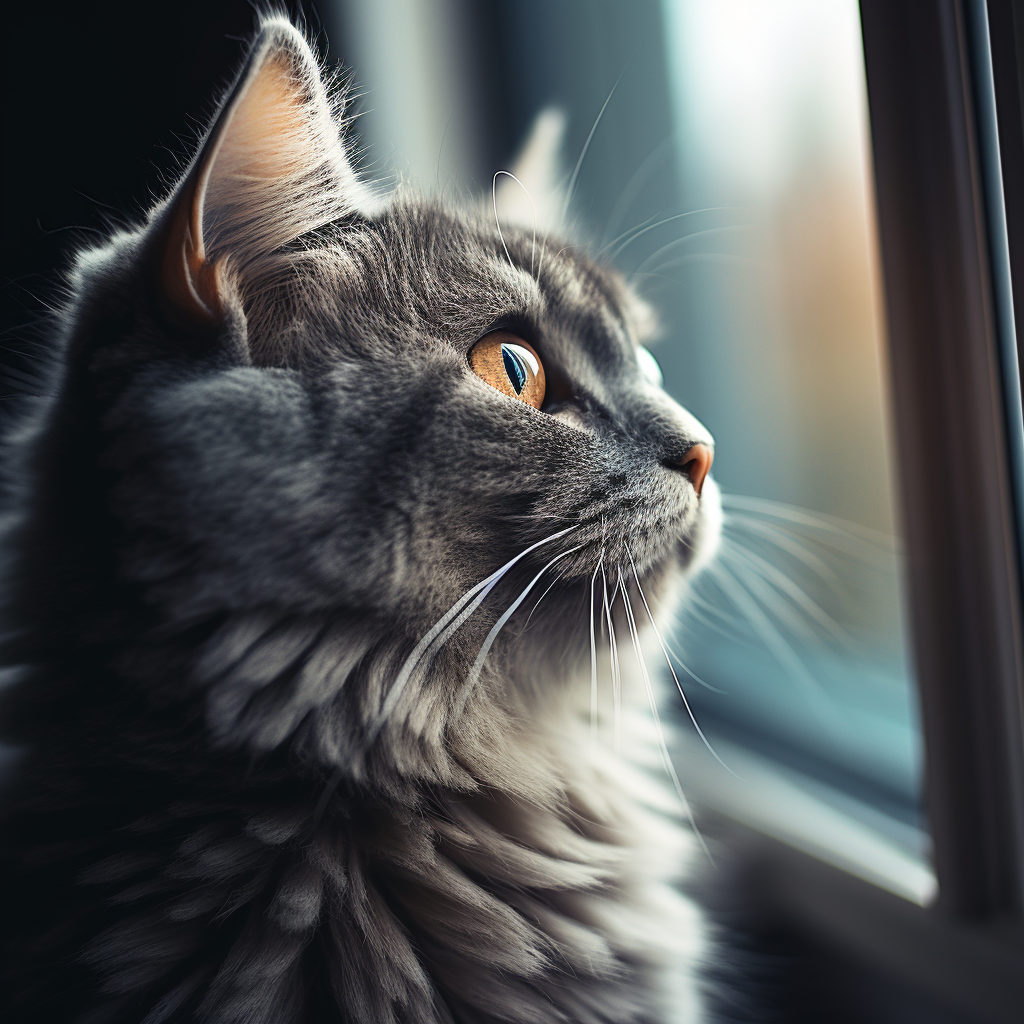 Gray cat looking out window