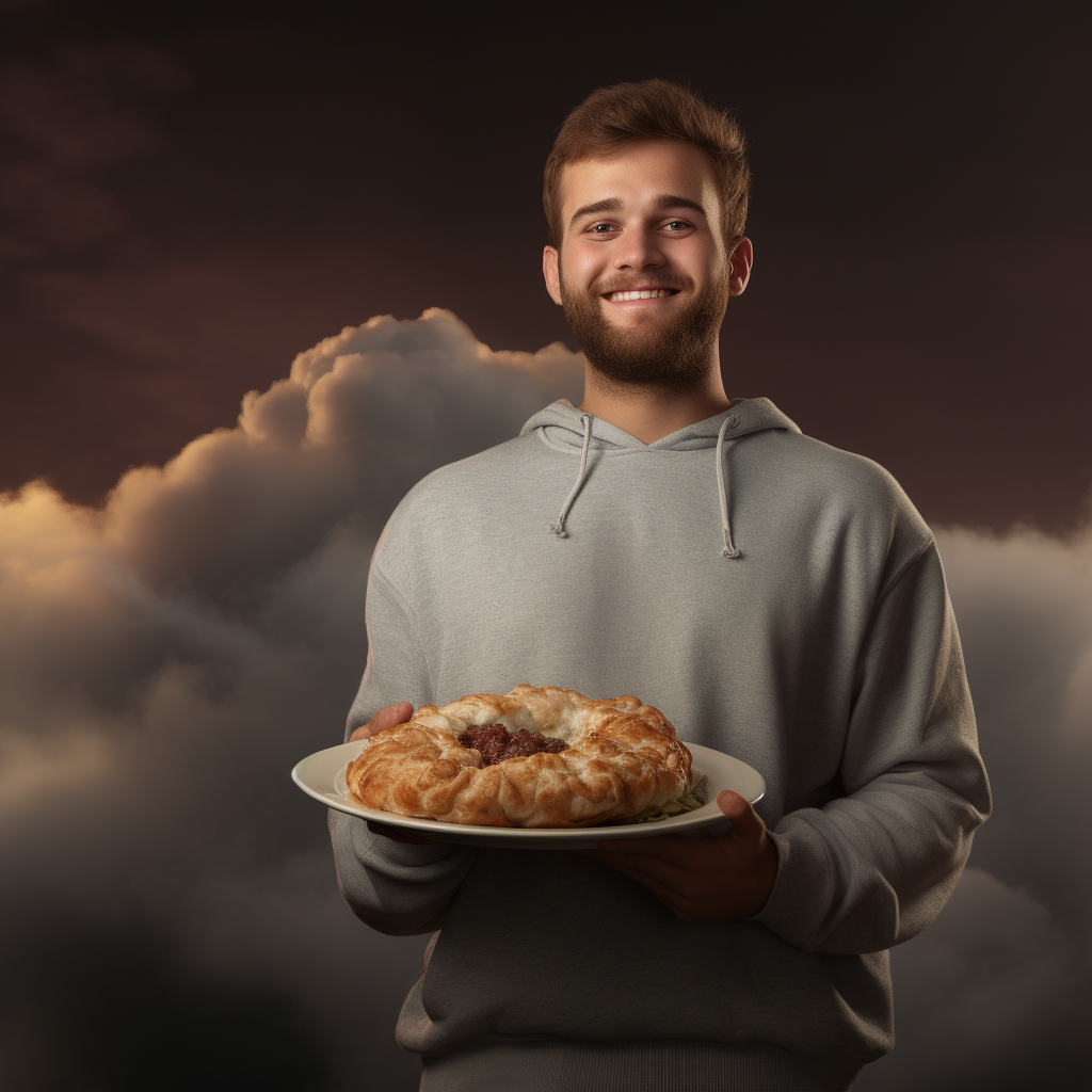 Man holding plate of meatloaf in gray outfit